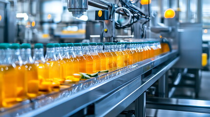 Fototapete - Efficient production line showcasing bottles of refreshing beverage in a state-of-the-art factory environment