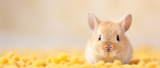 Cute rabbit sitting on soft yellow background, adorable pet photography.