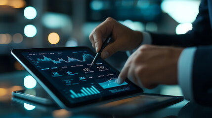 Leinwandbilder - Businessman analyzing financial data on digital tablet insights into market trends and performance metrics for strategic decision-making