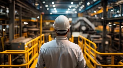 worker in hard hat observes bustling industrial factory, filled with machinery and bright lights, showcasing dynamic and productive environment