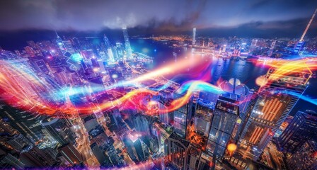 Wall Mural - Night aerial view of a city with many skyscrapers lit up with colorful lights.