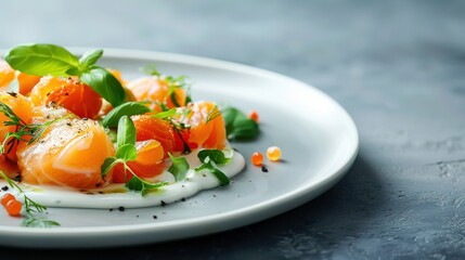 Delicious salmon salad with fresh herbs on a plate, garnished beautifully.