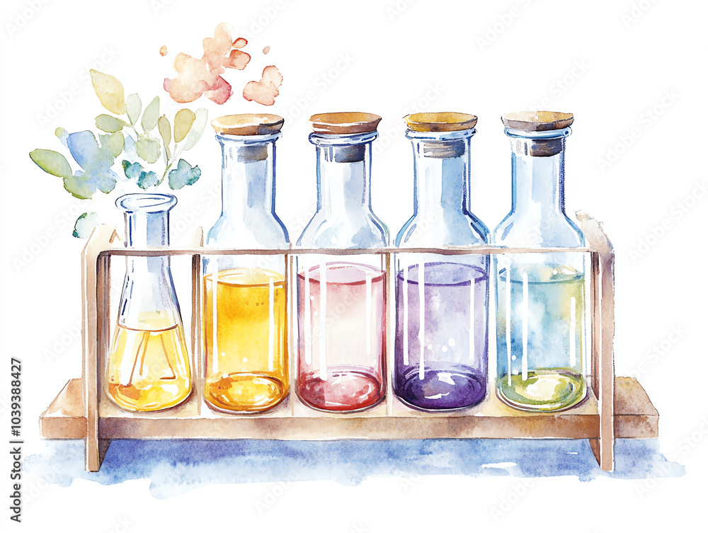 Watercolor clipart of a chemistry lab with flasks, test tubes, and ...