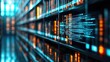 © Thamonchanok - Abstract digital library with glowing data streams on shelves.