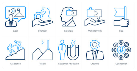 A set of 10 Leadership icons as goal, strategy, solution, management