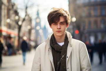 Canvas Print - A young man wearing a white coat and a brown scarf stands in the street