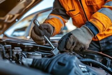 A mechanic works on a car engine, using a wrench to tighten a bolt.