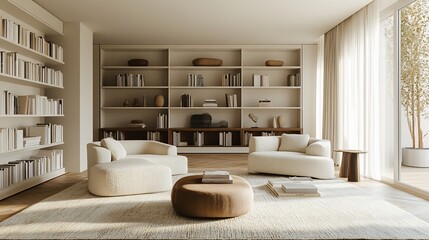 A modern living room with two white sofas, a brown ottoman, and a large bookshelf filled with books.