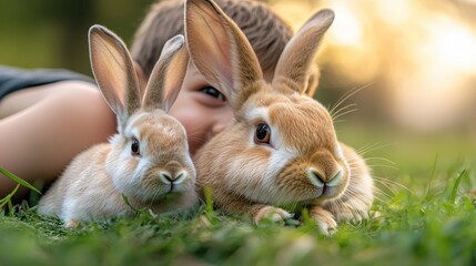 A joyful child lies among two cute rabbits in a sunny, green field, capturing a moment of innocence and joy.