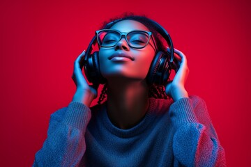 Fashion pretty woman wearing glasses and earphones is enjoying music over red neon background at studio