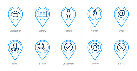 A set of 10 Location Pointer icons as graduation, library, female