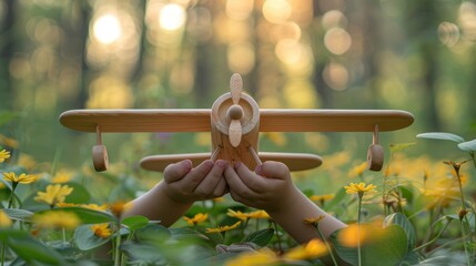 Close-up of a child's hands with a wooden airplane against the background of nature