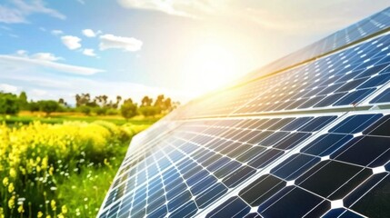 Solar panels in a sunlit field with clear blue sky and greenery.