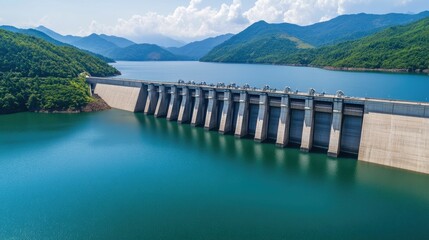 Aerial view of a massive hydroelectric dam with powerful water flow through its turbines