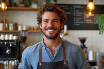 Happy young male coffee shop owner standing, Generative AI