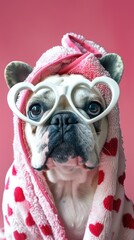 Wall Mural - A dog wearing heart-shaped glasses and a pink towel. AI.