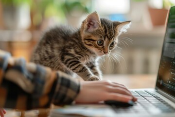 Wall Mural - A kitten watches curiously as someone uses a laptop. AI.