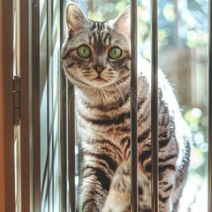 Canvas Print - A tabby cat with green eyes looks through a window. AI.