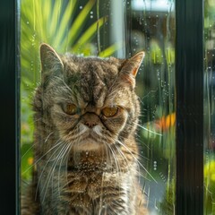 Canvas Print - A cat looking through a window. AI.