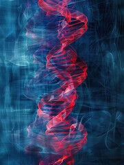 Wall Mural - A double helix DNA strand in red on a blue background. AI.