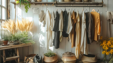 Stylish Display of Sustainable Fashion in Cozy Interior, Showcasing Trendy Clothing Made from Organic Cotton and Hemp, Promoting Eco-Friendly Choices