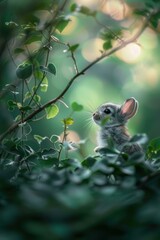 Wall Mural - A small rabbit peeks out from behind some green leaves. AI.