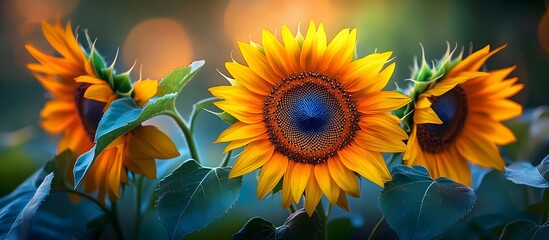 Breathtaking Field of Vibrant Yellow Sunflowers at Dawn with Golden Sunlight Peeking Over the Horizon