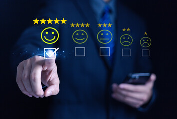 Business concept satisfaction survey, users rate service experience in online application, rate business with best quality in customer service.