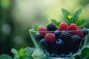 Wall Mural - Fresh and vibrant bowl of mixed berries including raspberries blueberries and blackberries. A healthy snack idea for any time of day. Generative AI