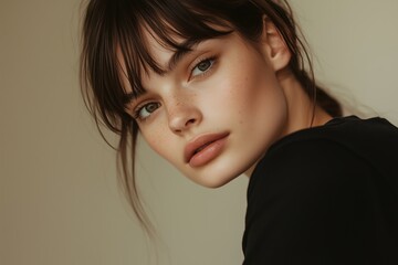 A woman with a black shirt and brown hair