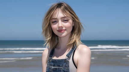 Wall Mural - A girl with blonde hair and a blue and white shirt is standing on a beach