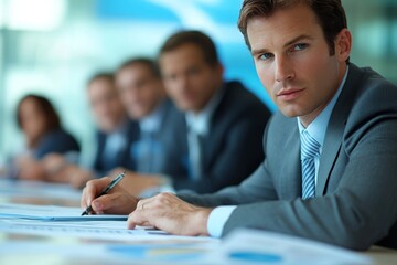 Leader showing business plan to colleagues during a meeting, Generative AI