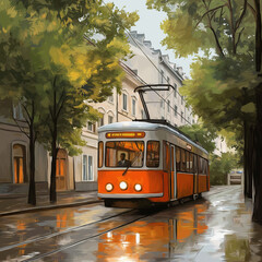 Vintage orange tram cruising through a rainy provincial town with reflections on the street