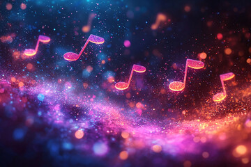 Vibrant abstract background featuring floating musical notes in a cosmic dance of light and color