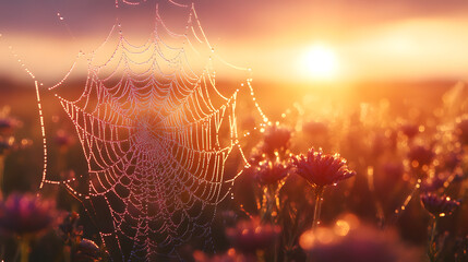 A tranquil illustration of a morning dew on a spider's web, with tiny droplets glistening in the first rays of sunlight and creating a delicate, natural masterpiece
