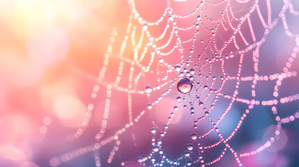 A tranquil illustration of a morning dew on a spider's web, with tiny droplets glistening in the first rays of sunlight and creating a delicate, natural masterpiece