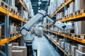 Advanced robotic arm in a modern warehouse environment