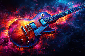 Vibrant abstract music background featuring a stunning electric guitar surrounded by colorful musical energy