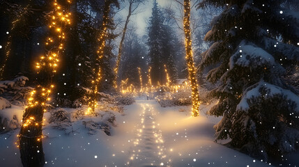 Poster - A serene winter scene featuring a snow-covered forest path illuminated by holiday lights, creating a magical, peaceful atmosphere.