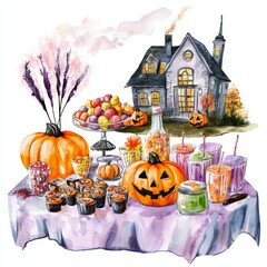 watercolor painting of a Halloween-themed candy table at a neighborhood party, on isolated white background