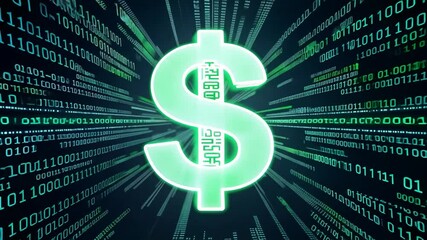 A glowing green dollar sign symbol is set against a black background with lines of binary code streaming past it.