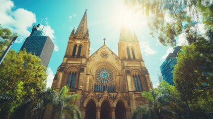 Historic Church Under Bright Sky and Sunlight