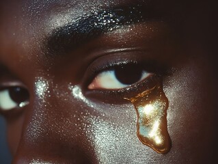 A close up of a woman's face with a drop of gold paint on her eye