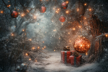 Wall Mural - magical winter scene with glowing christmas ornament and gifts under snow dusted tree, creating fest