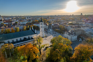 Wall Mural - Aerial autumn morning sunset view of Vilnius Old Town, Lithuania