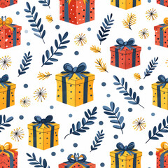 Seamless Christmas pattern with gift boxes, fir branches, and festive ornaments, ideal for holiday wrapping paper and decoration.