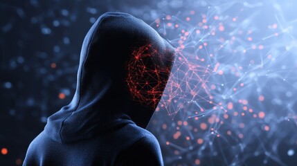 Mysterious hooded figure with glowing digital network