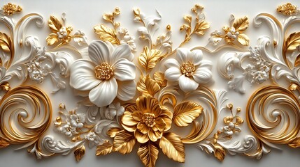 Wall Mural - Richly detailed 3D golden Baroque filigree featuring swirling floral patterns and elegant leaf motifs framed by rococostyle scrolls set against a clean white backdrop for an opulent appearance