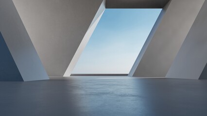 Fototapete - Abstract of concrete interior space with geometric design, Perspective of brutalism architecture, 3d rendering