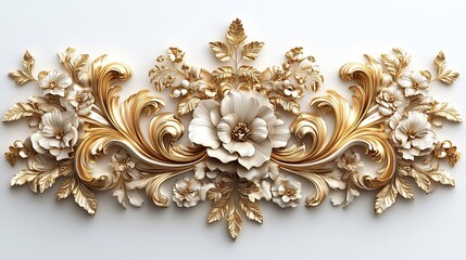 Wall Mural - Richly detailed 3D golden Baroque design featuring intricate floral and leaf filigree swirling with ornate rococostyle scrolls set on a clean white background for an elegant and regal appearance